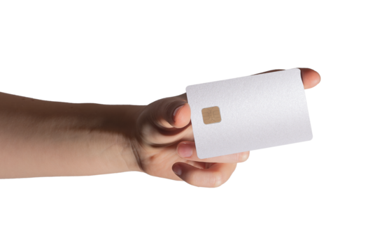 Hand holding white bank card with chip. Minimalist and clean design symbolizing purity, elegance,