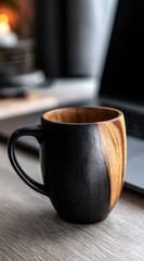 Close-up of a half-wood, half-black coffee mug sitting on a desk near a laptop, providing warm, focused energy