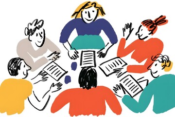 Illustration of a business meeting with diverse people around a table discussing documents