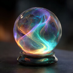 Glowing glass crystal ball sphere with swirling colorful light, mystical and magical atmosphere, vibrant energy, fantasy object on dark background