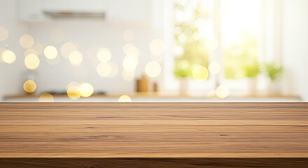 Fototapeta premium A wooden table is in the foreground, with a blurred kitchen background featuring bokeh lights and greenery outside a window.