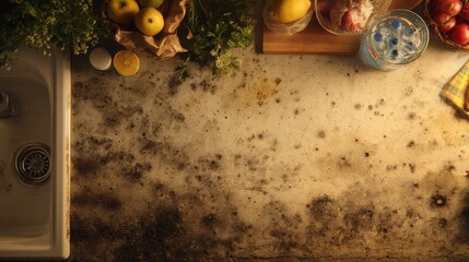 Addressing food waste spoiled fruits and leftover food on kitchen counter promoting eco sustainability and zero waste practices