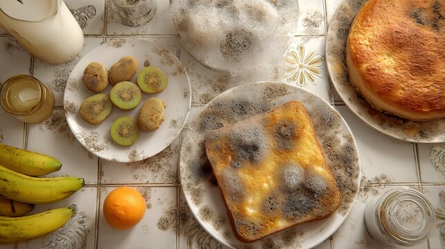Addressing food waste spoiled fruits and leftover food on kitchen counter eco sustainability top view environmental issue
