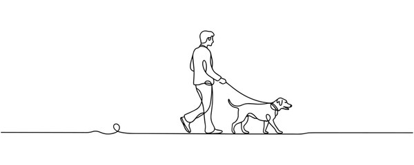 Continuous line art of person walking with dog. one line drawing. Vector illustration
