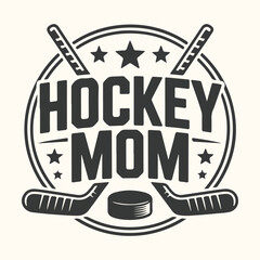 Vector art of hockey mom text and graphic with crossed sticks and puck