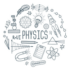 Hand drawn outline science elements poster.  Physics theory doodle elements and formulas in round shape