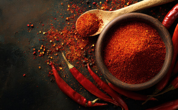 A bowl of red chili powder with chilies scattered around, top view on a dark background - Powered by Adobe
