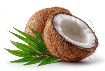 Half coconut beside a whole one, complemented by tropical green leaves, all on a white background