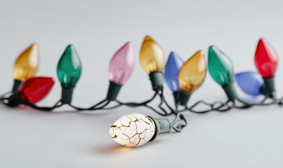 A broken Christmas string light with colorful bulbs on a white background