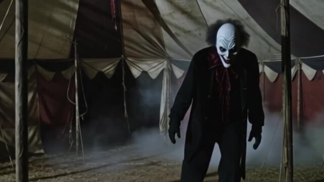 Ein Horror-Clown taucht pl&ouml;tzlich aus dem Nebel eines verlassenen Zirkuszeltes auf