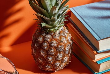 Pineapple and books atop a bright orange surface with a shadow of fronds, creating a whimsical, artistic still life composition