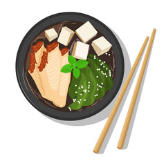 Asian soup bowl with tofu and vegetables