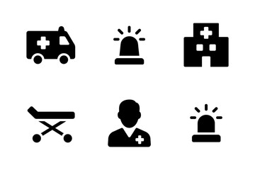 Essential medical icons set: ambulance, hospital, and emergency symbols in simple style