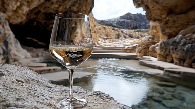   A macro shot of a glass filled with wine, positioned atop a stone slab beside a shimmering lake and a cavernous backdrop