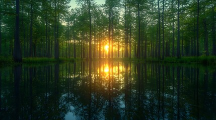 Obraz premium A beautiful photo of a calm swamp with cypress trees mirrored in glassy water at sunset, in a realistic, naturalistic style
