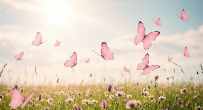 Beautiful Pink Butterflies Flying in Soft Light 
