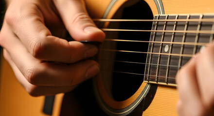 Fototapeta premium person playing acoustic guitar with pick close up