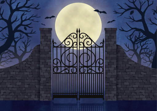 ハロウィンの満月の夜の不気味な門扉水彩画
