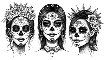 Three stylized portraits of women, adorned with skull face makeup, and flower accents. The artwork is grayscale, showcasing intricate detail and a decorative aesthetic, 