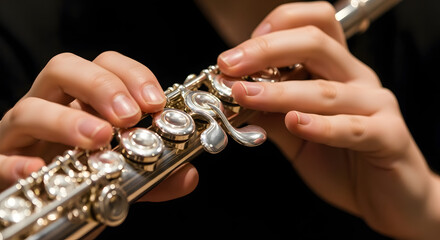 musician hands playing silver flute instrument