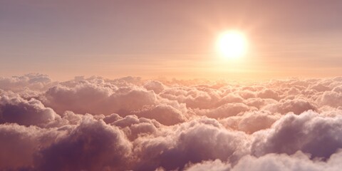 Fototapeta premium Serene sky view showcasing a warm sun shining over puffy, low-lying clouds bathed in soft, pastel light