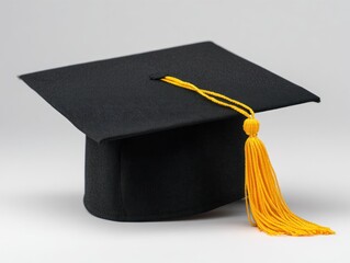 Graduation mortarboard cap, black, with a yellow tassel, set on a plain, light gray backdrop