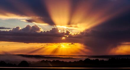 Golden sun rays breaking through clouds at dramatic sunset.