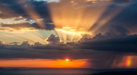 Sunrays shining through clouds above the ocean at sunset.