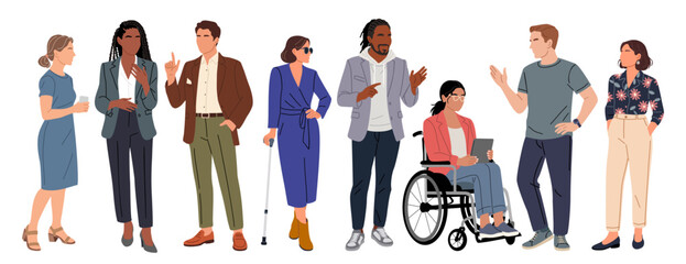 Diverse people communicating, including business professionals, casual outfits, and individuals with disabilities, Flat vector illustration isolated on transparent background