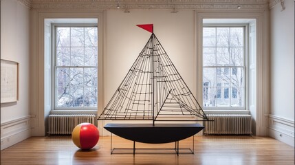 Minimalist wire sculpture of a sailboat with a red flag, displayed in a gallery with two large windows
