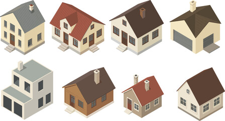 Isometric house vector set, 3D home illustrations, residential buildings, modern and traditional houses, garage designs, real estate, architecture icons collection