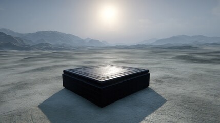 Dark, lidded box sits on a pale, textured surface under a bright sky, against a distant mountain range backdrop