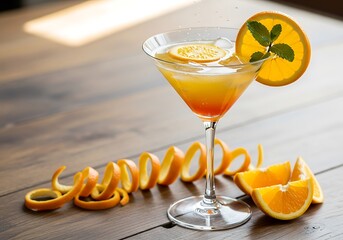 Refreshing orange cocktail with citrus decoration on wooden surface