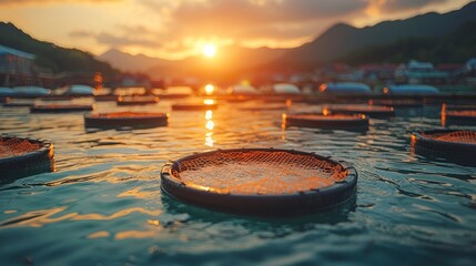 Sunset over calm water with floating aquaculture structures
