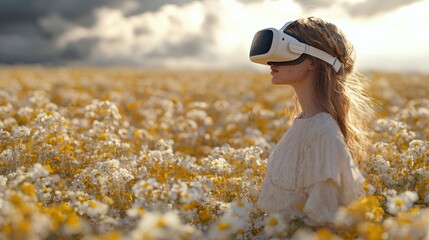 Woman in VR headset exploring a chamomile field at sunset