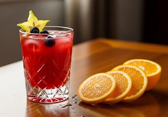 Refreshing ruby cocktail adorned with starfruit and blueberry garnish