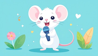 Cartoon mouse holding a microphone, cheerful expression, light teal background