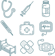 Medical Outline Icons Healthcare, First Aid, and Hospital Equipment Collection