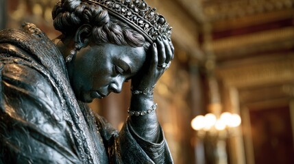 Bronze statue of crowned woman in sorrowful pose, indoors with blurred lights & ornate background