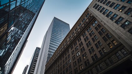 Looking up at towering modern glass and steel skyscrapers against a bright blue sky in a bustling urban cityscape