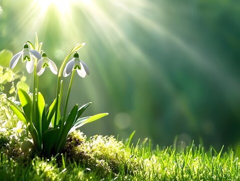 Early spring meadow with white snowdrop flowers in natural sunlight, snowdrops in the forest