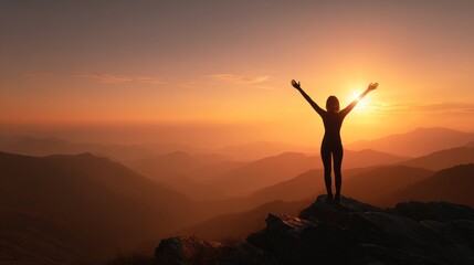 Silhouette of a person on a mountain peak, arms raised towards a bright, warm sunrise over a vast, hazy mountain range