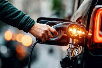 Charging an electric vehicle on a city street during evening hours with glowing lights and a hand holding the charger