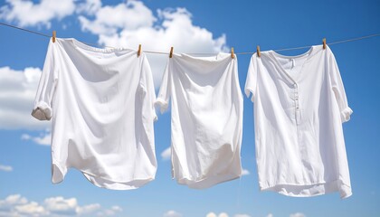 Three white t-shirts, pinned to a clothesline with wooden clothespins, dry under a bright blue sky with fluffy white clouds.