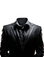 A headless figure in a black suit and shirt, against a stark white background, evokes formality and anonymity
