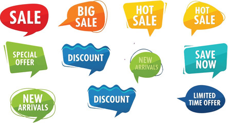 The image contains a variety of colorful promotional tags or labels typically used in advertising or marketing. Here's a breakdown of the messages shown on each tag