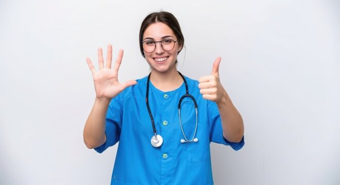Smiling nurse shows six fingers and thumbs up gesture