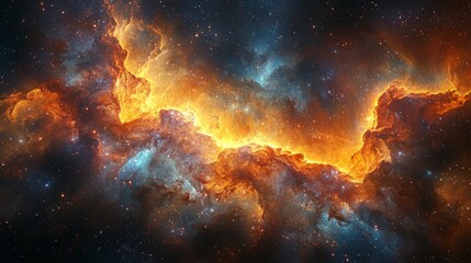 Fototapeta premium Fiery cosmic nebula with swirling orange and blue gases, scattered stars