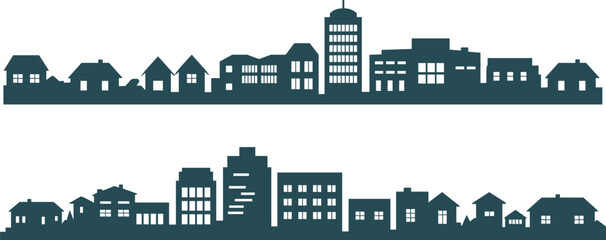 Modern suburban and urban cityscape silhouette, residential homes and buildings, architecture skyline vector, real estate development, housing and community design