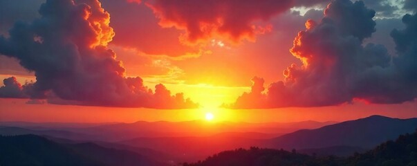 Spectacular sunset with vibrant sun rays bursting through the clouds, painting the sky with fiery oranges, reds, and yellows  A breathtaking natural landscape scene , red, light rays, serene